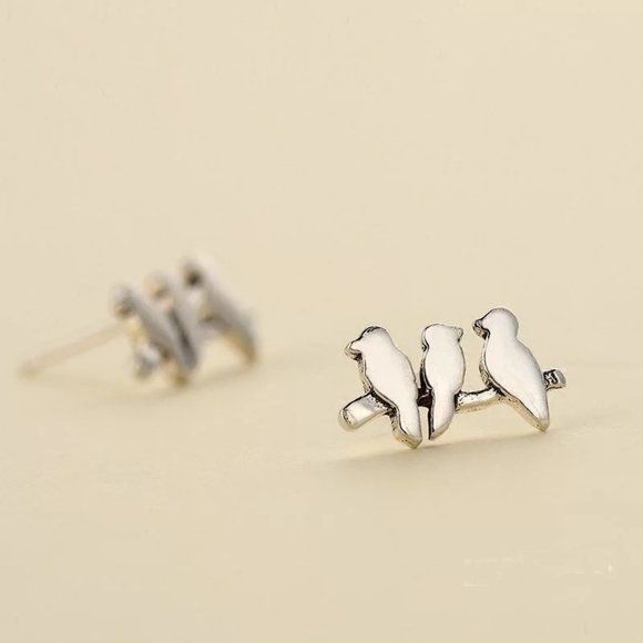 14k Gold Birds on the Branch Stud Earrings Sterling Silver - Picture 4 of 8